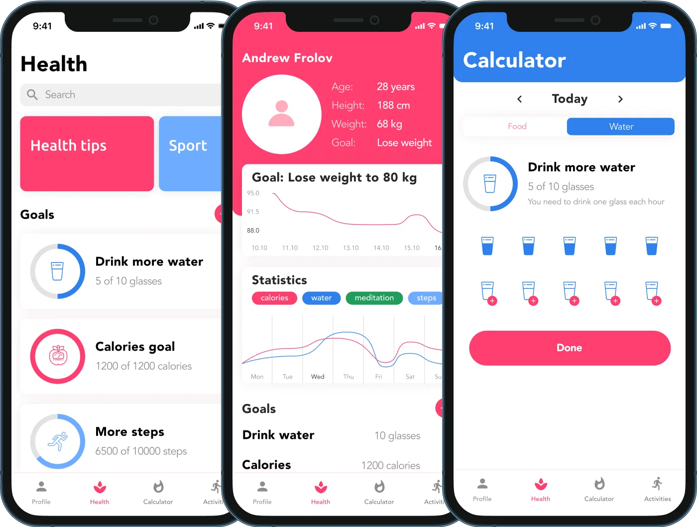 three fitness app mobile screens