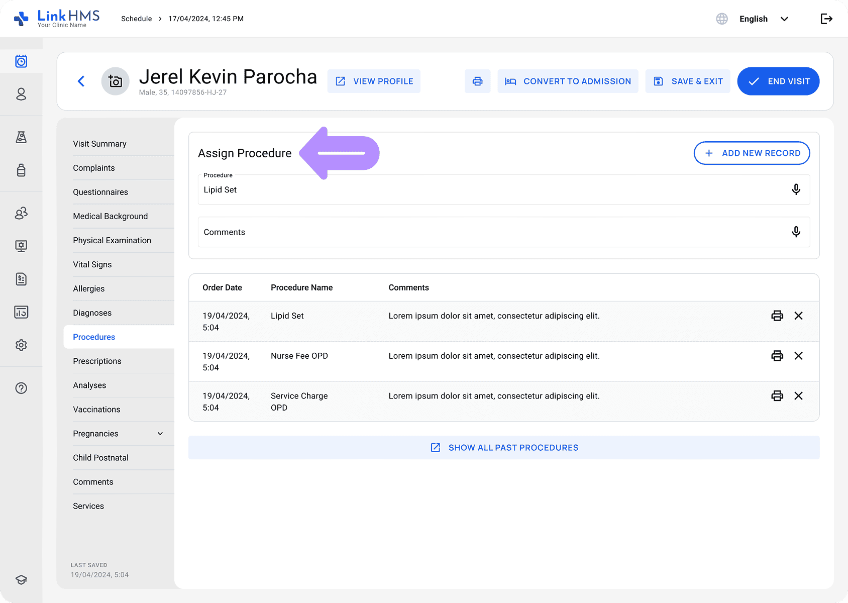 LinkHMS assign a procedure