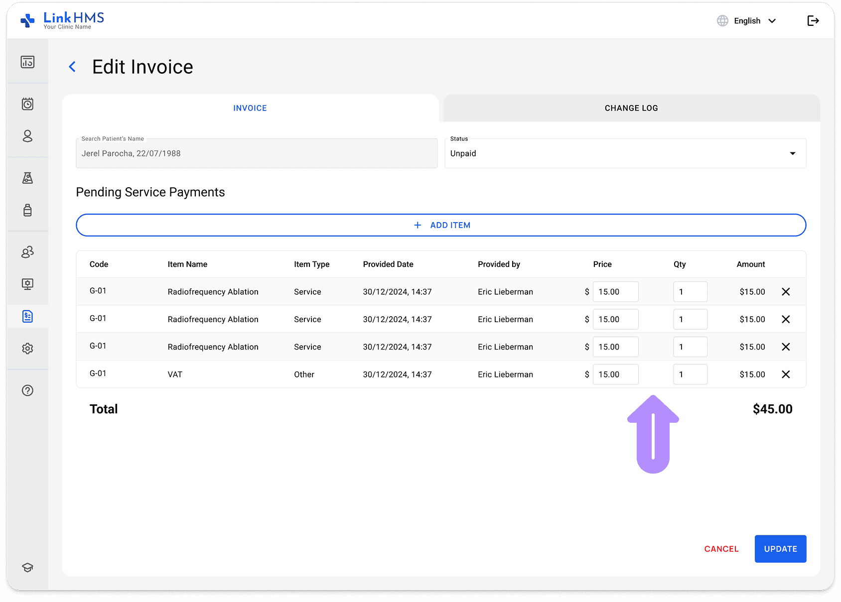 LinkHMS changing prices