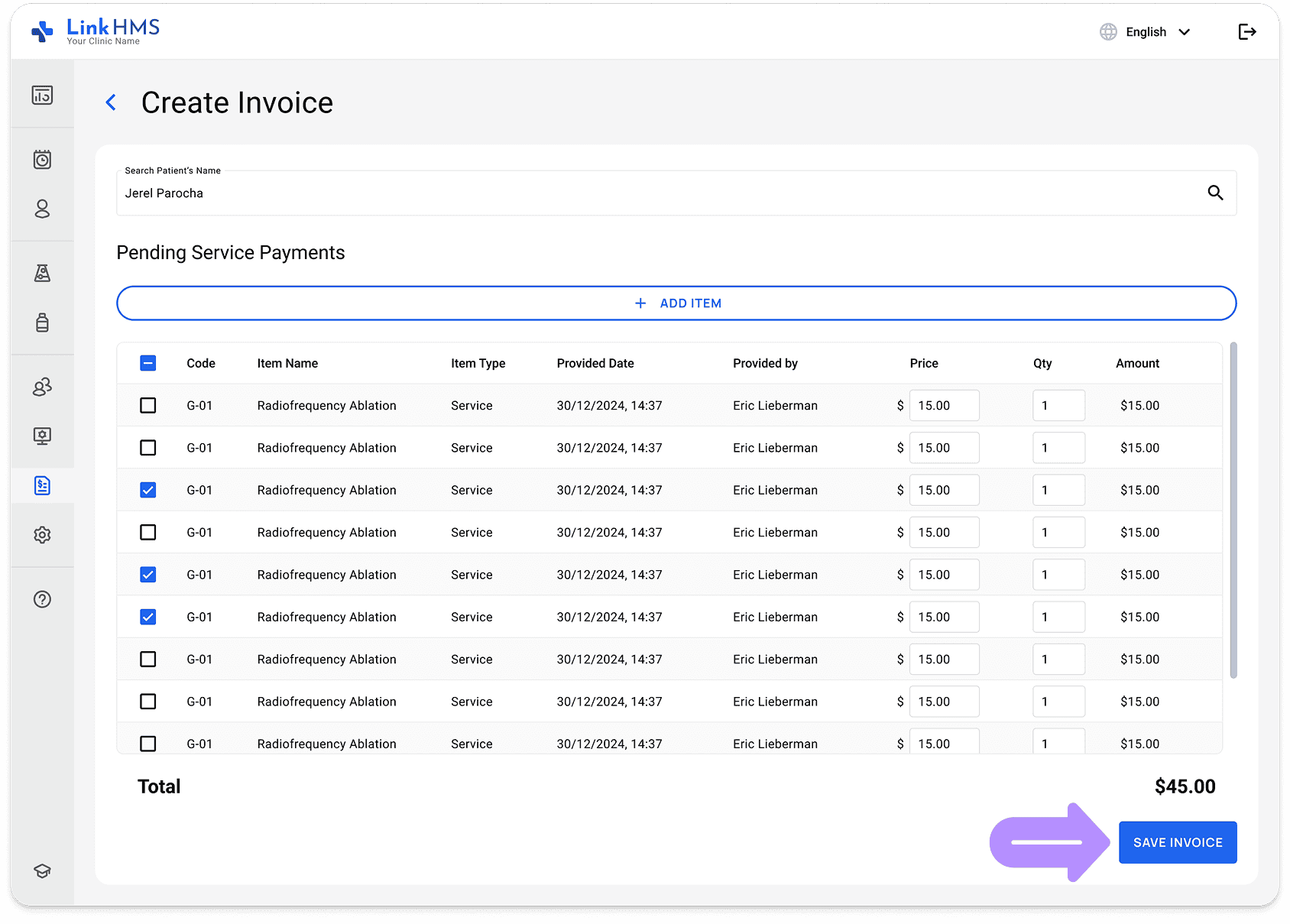 LinkHMS creating the invoice