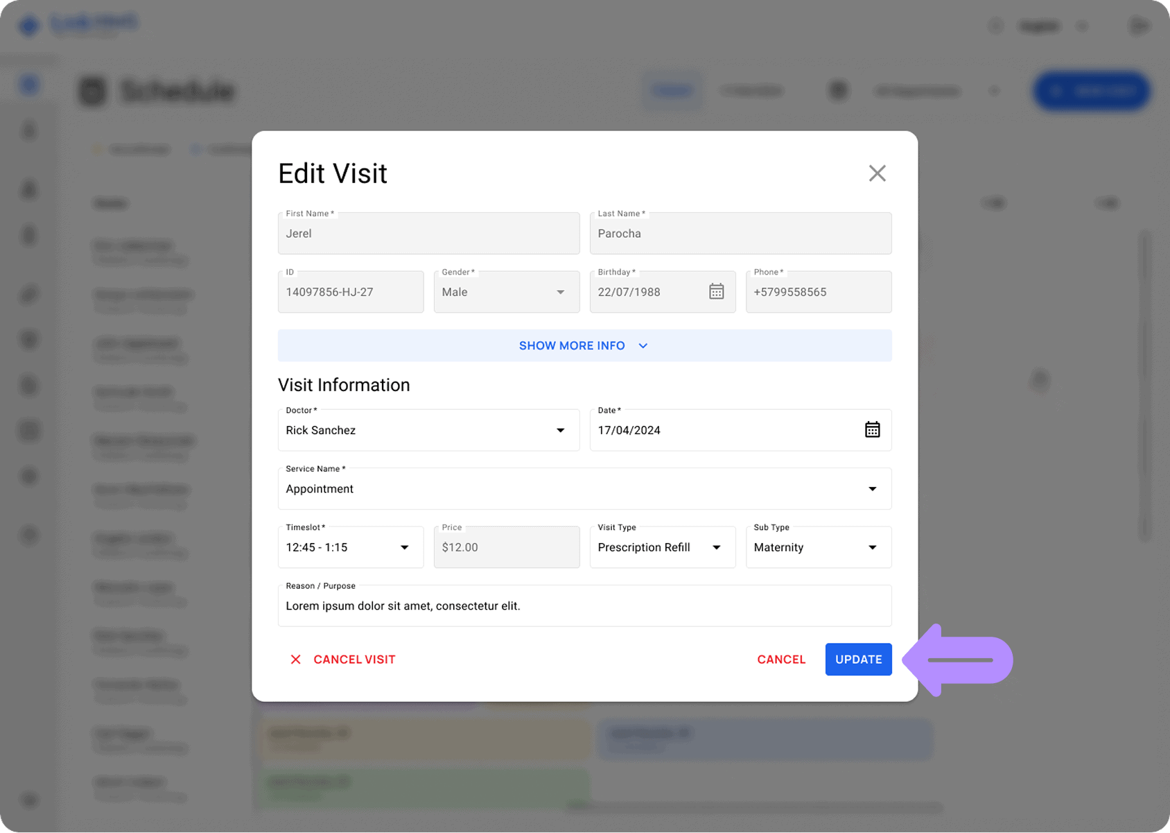 LinkHMS edit the visit