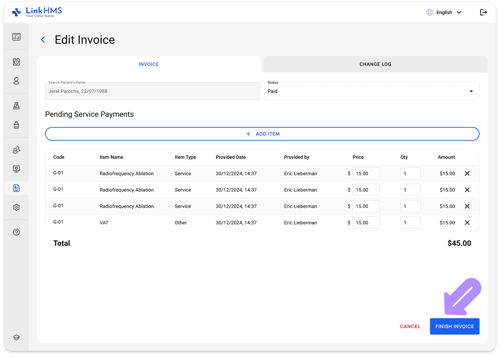 LinkHMS finishing the invoice