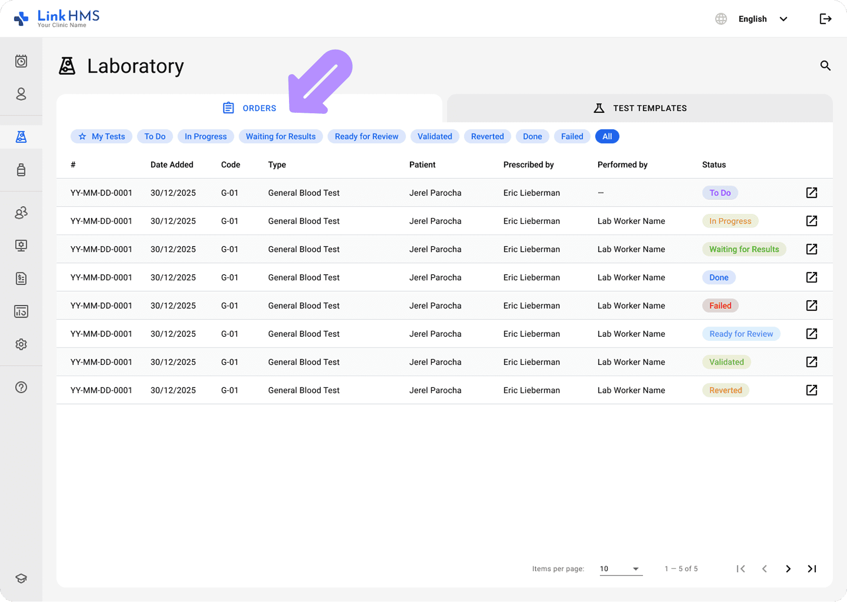 LinkHMS lab order tab