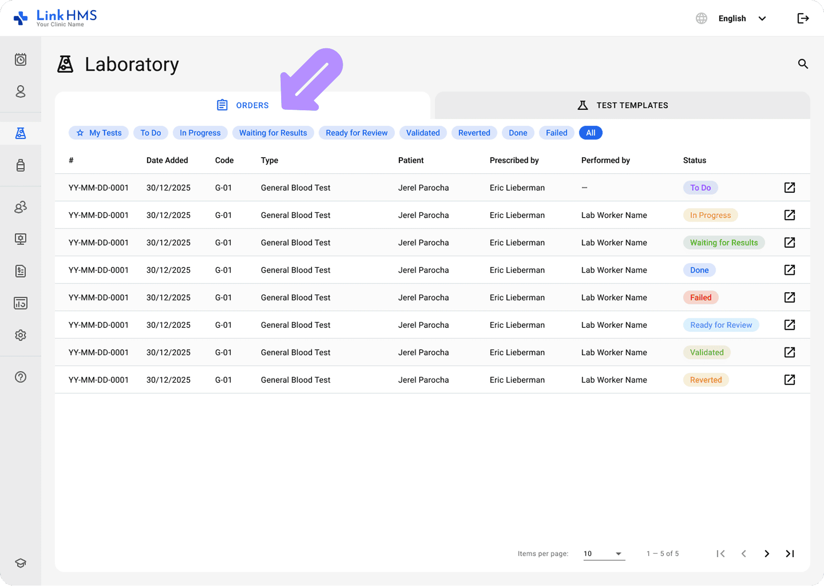 LinkHMS lab test orders