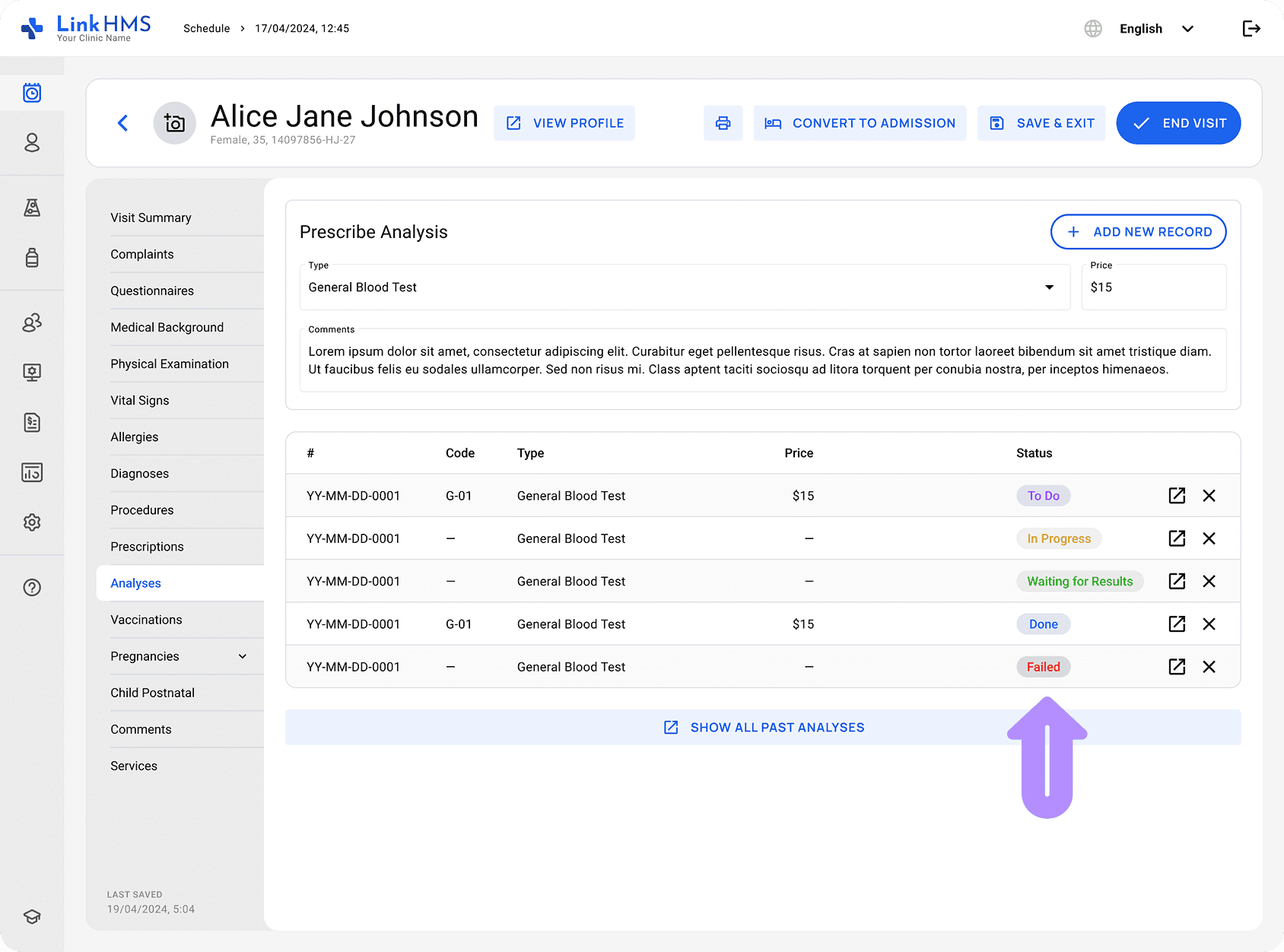 LinkHMS lab test statuses