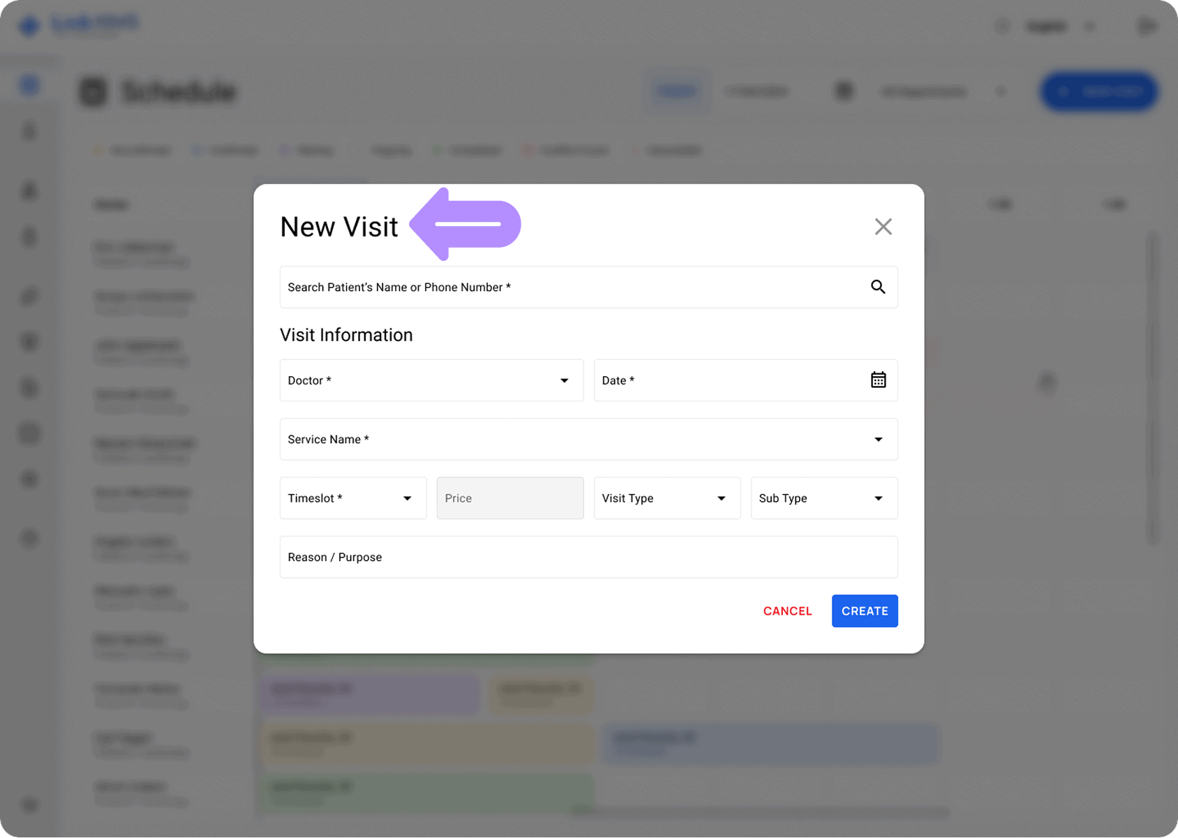 LinkHMS new visit popup