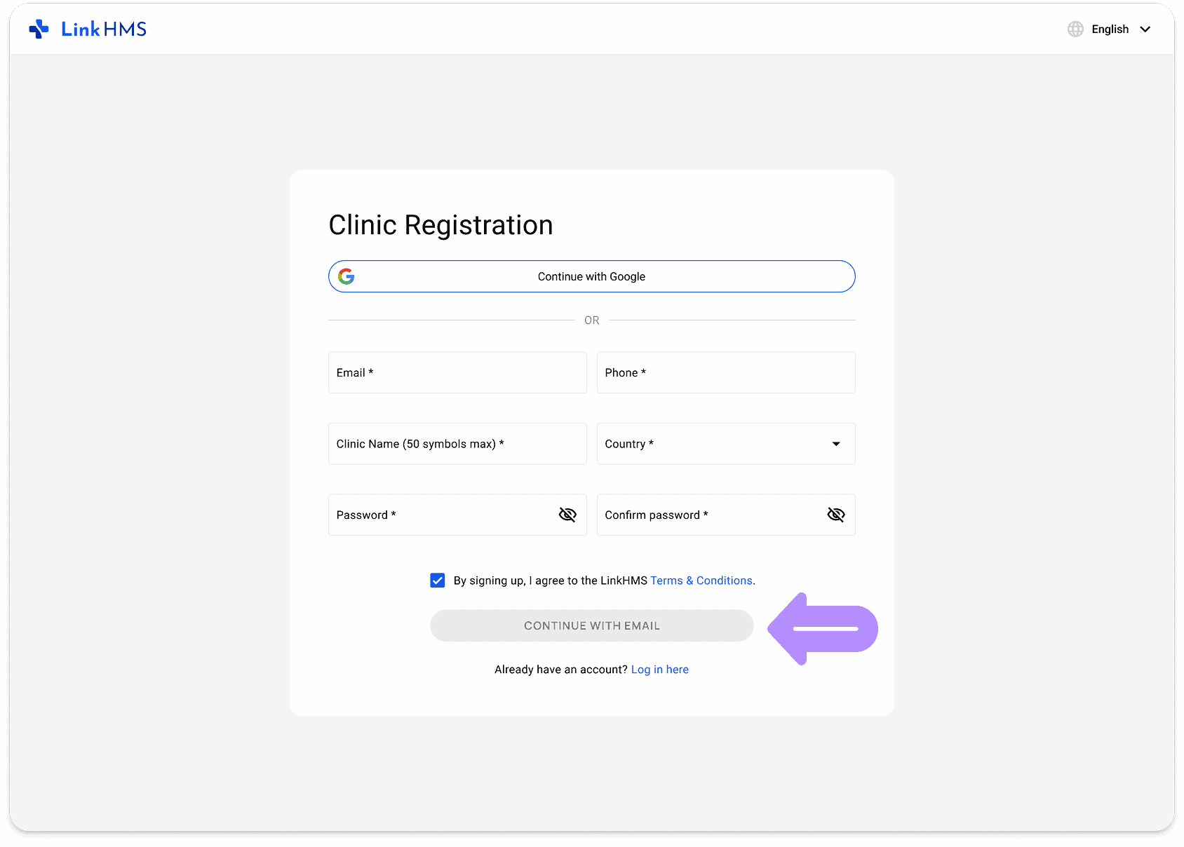 LinkHMS - register a clinic account