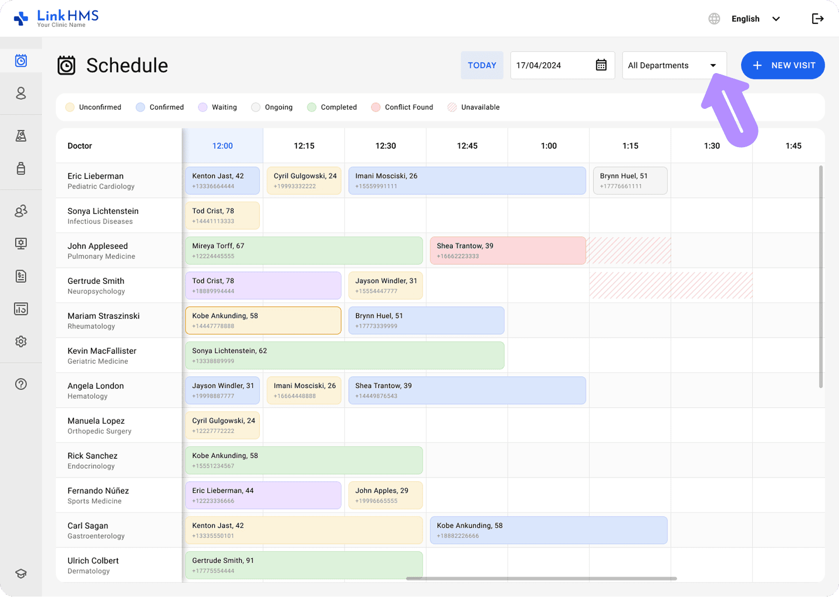 LinkHMS schedule by departments