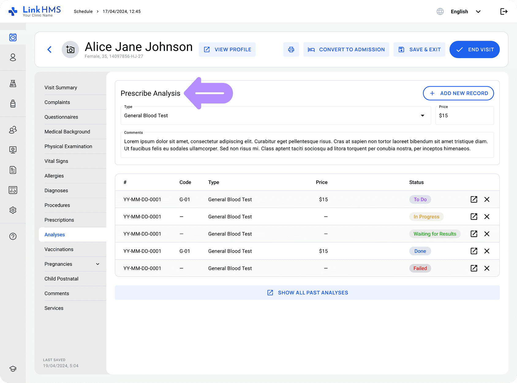 LinkHMS analysis tab