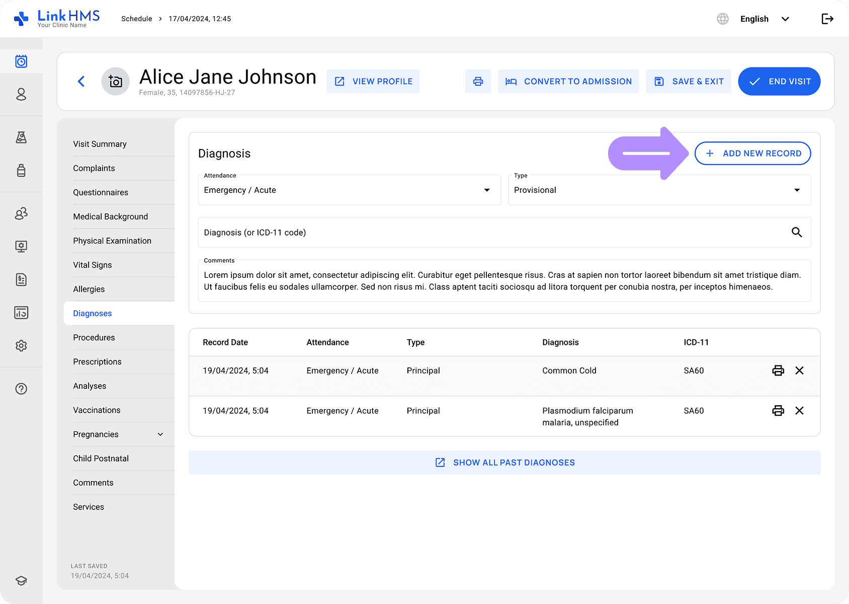 LinkHMS diagnoses tab