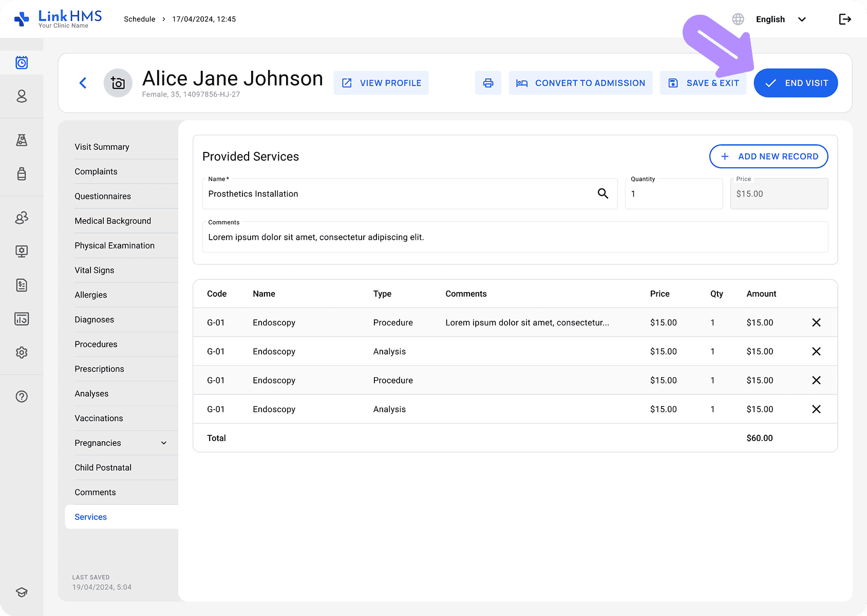 LinkHMS end the visit