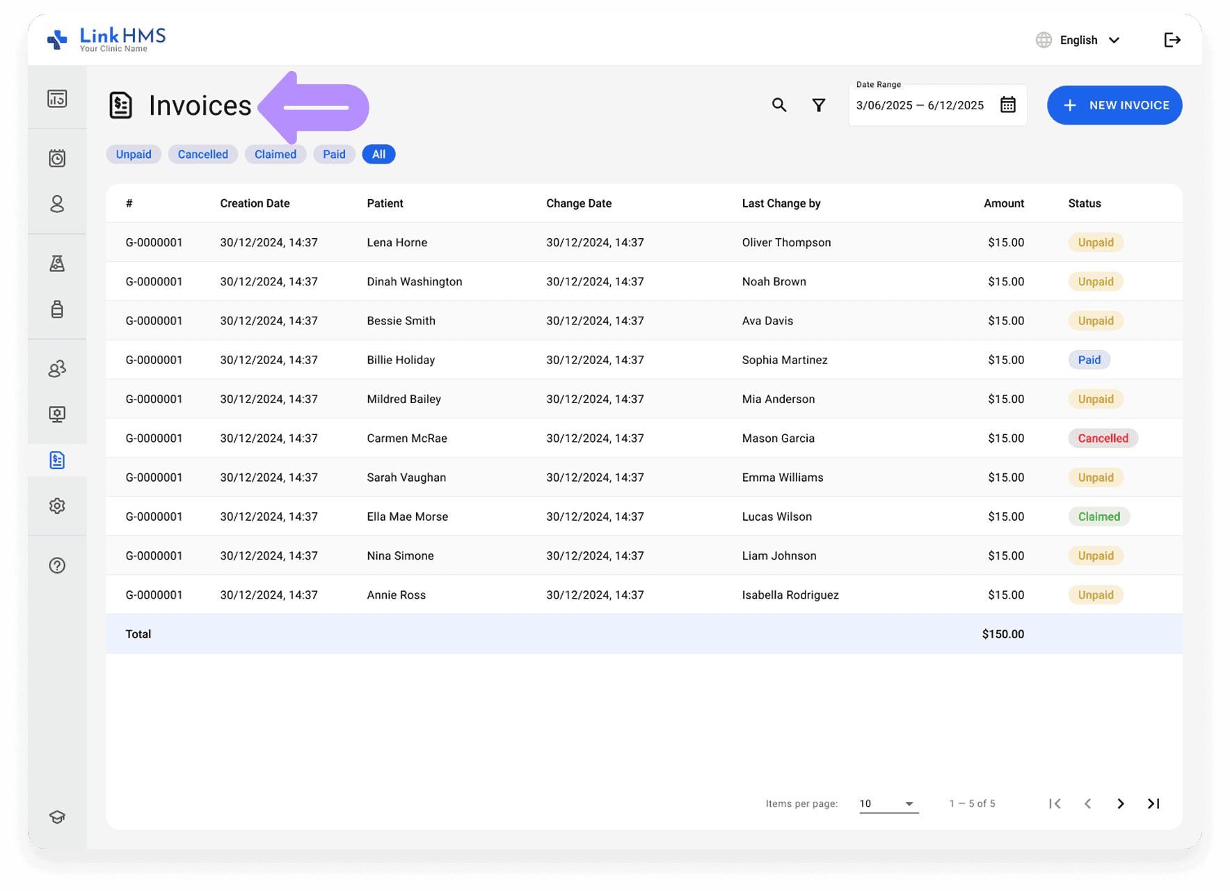LinkHMS invoices tab