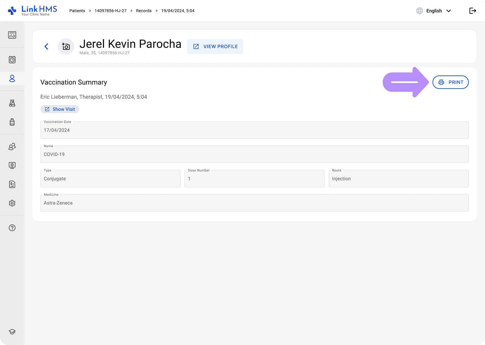 LinkHMS print the record