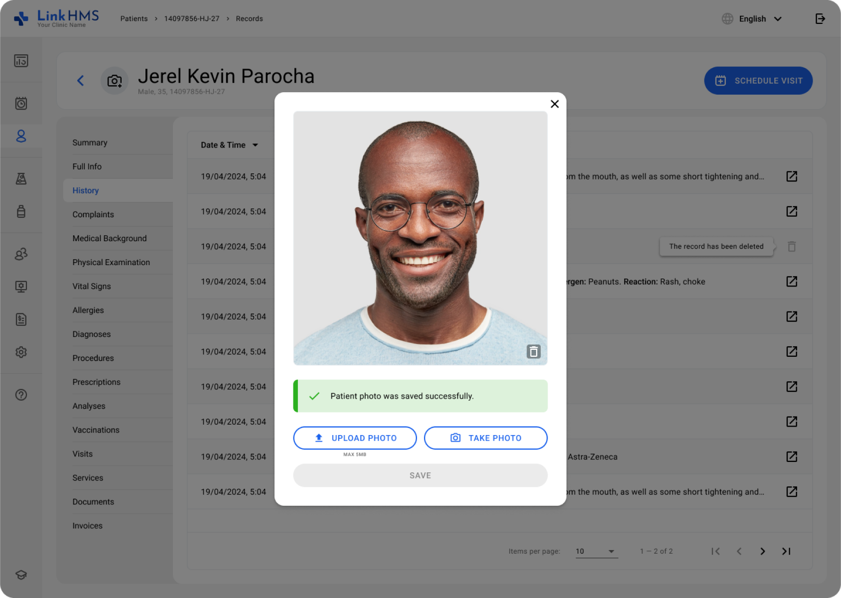 LinkHMS adding patient's photo
