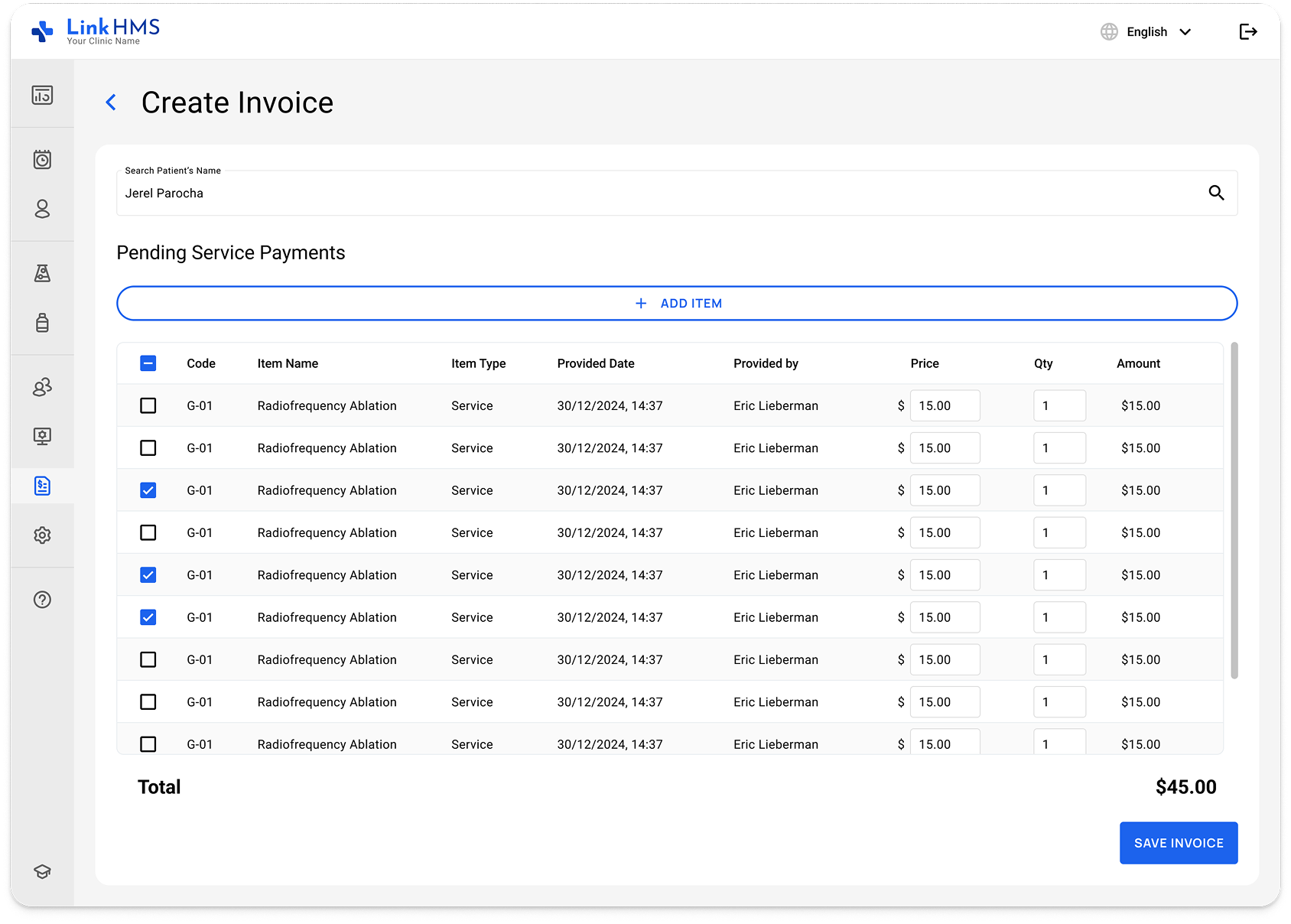LinkHMS create and save invoices