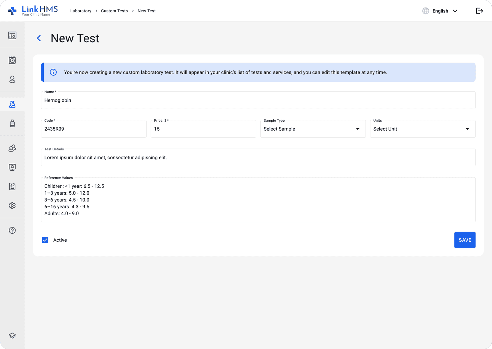 LinkHMS custom test template