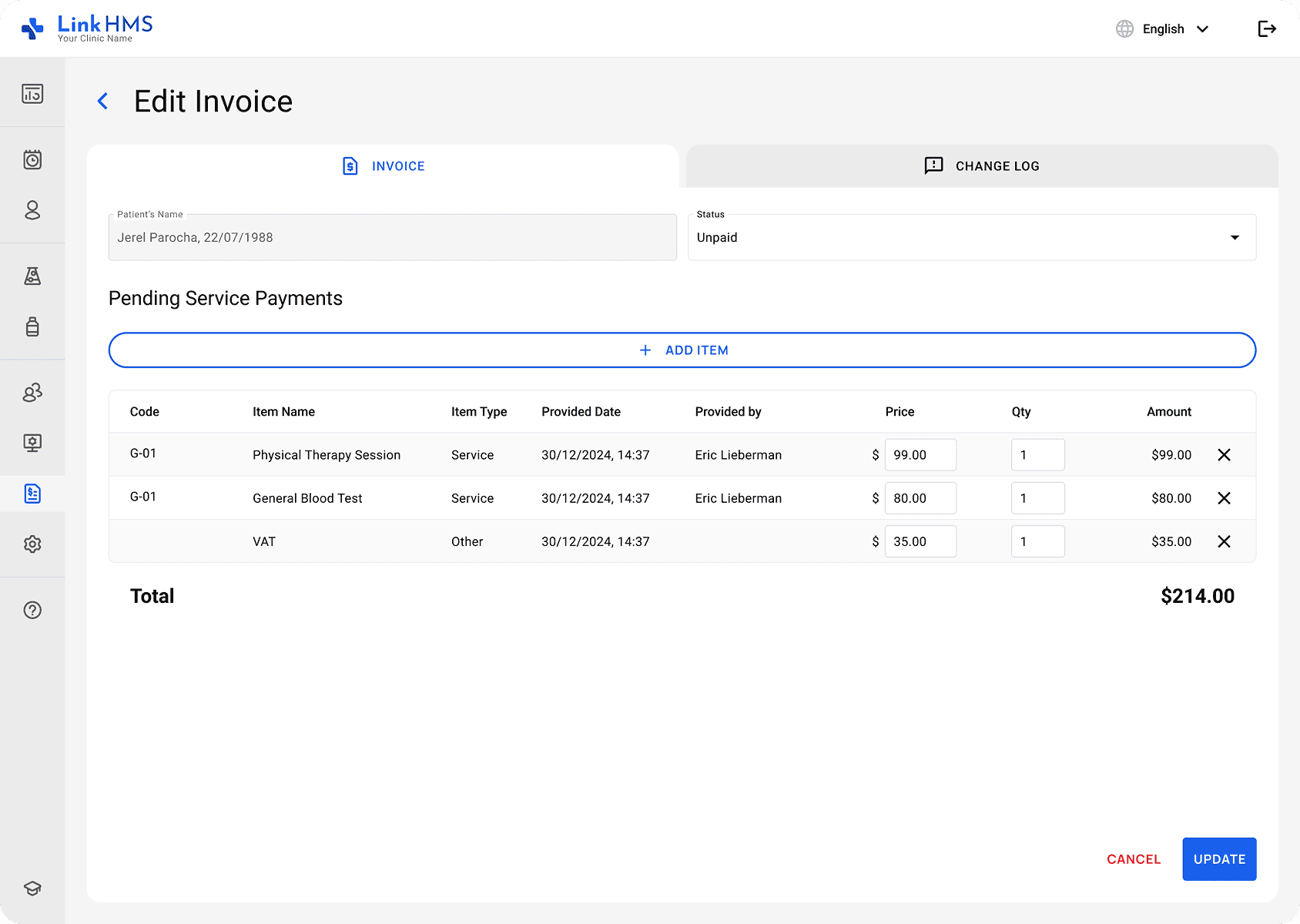 LinkHMS lab service invoice