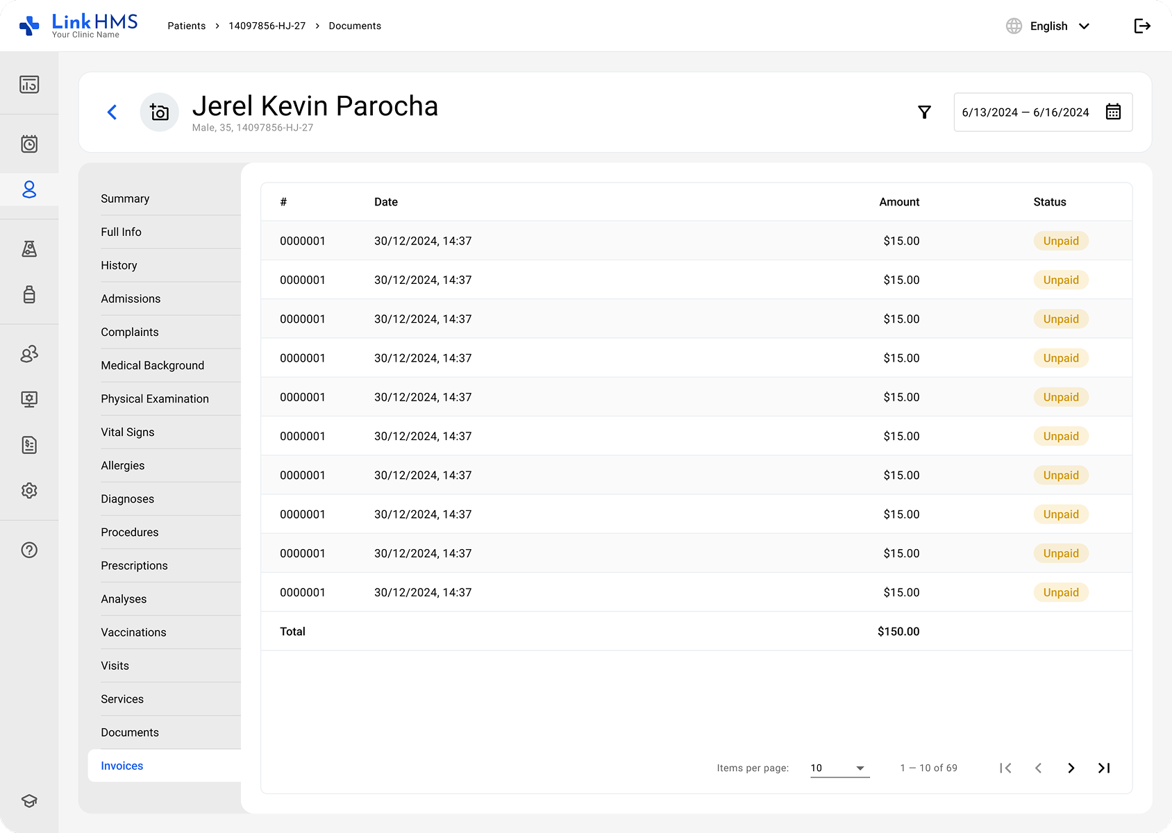 LinkHMS patient's invoices