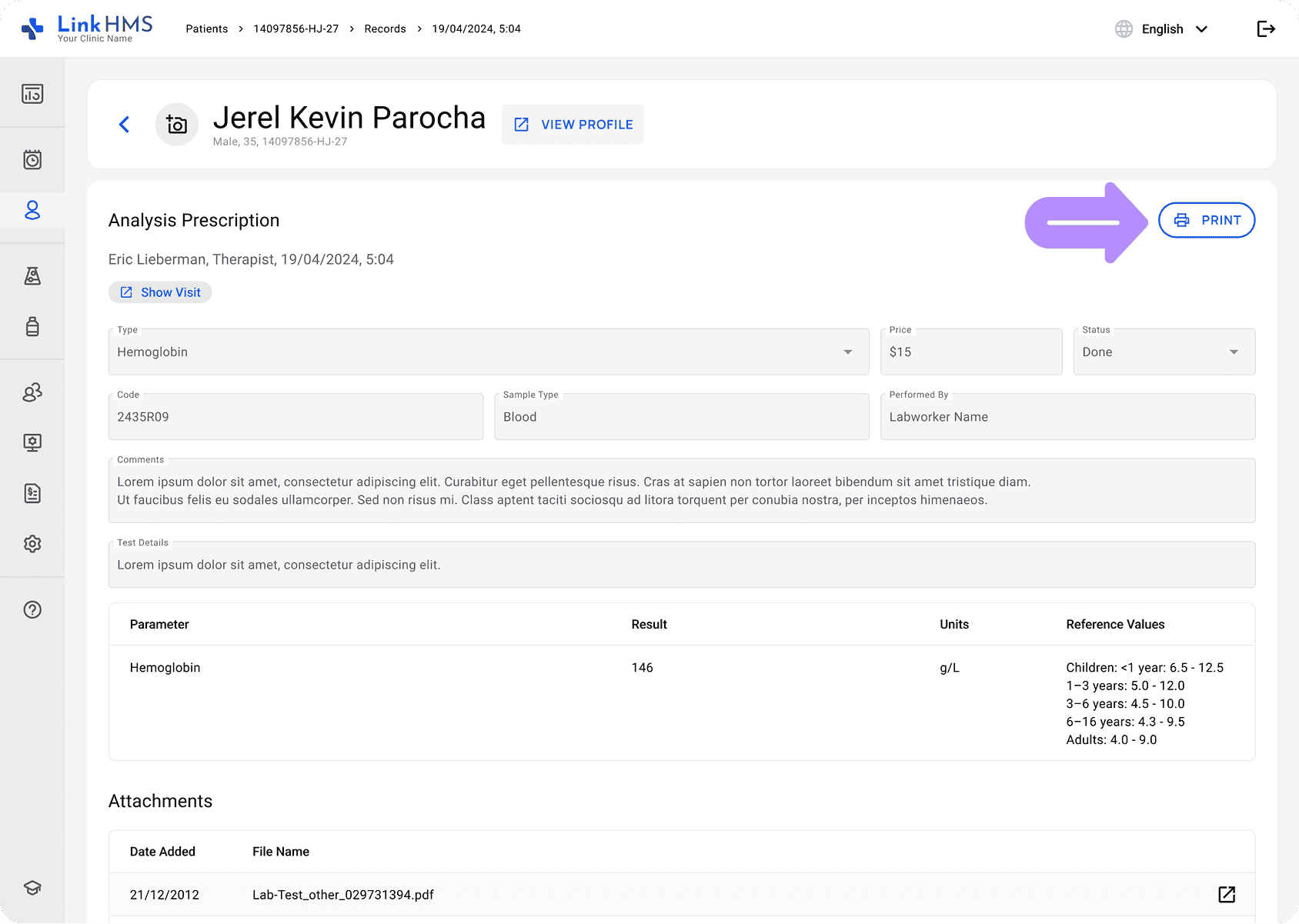 LinkHMS print the lab test