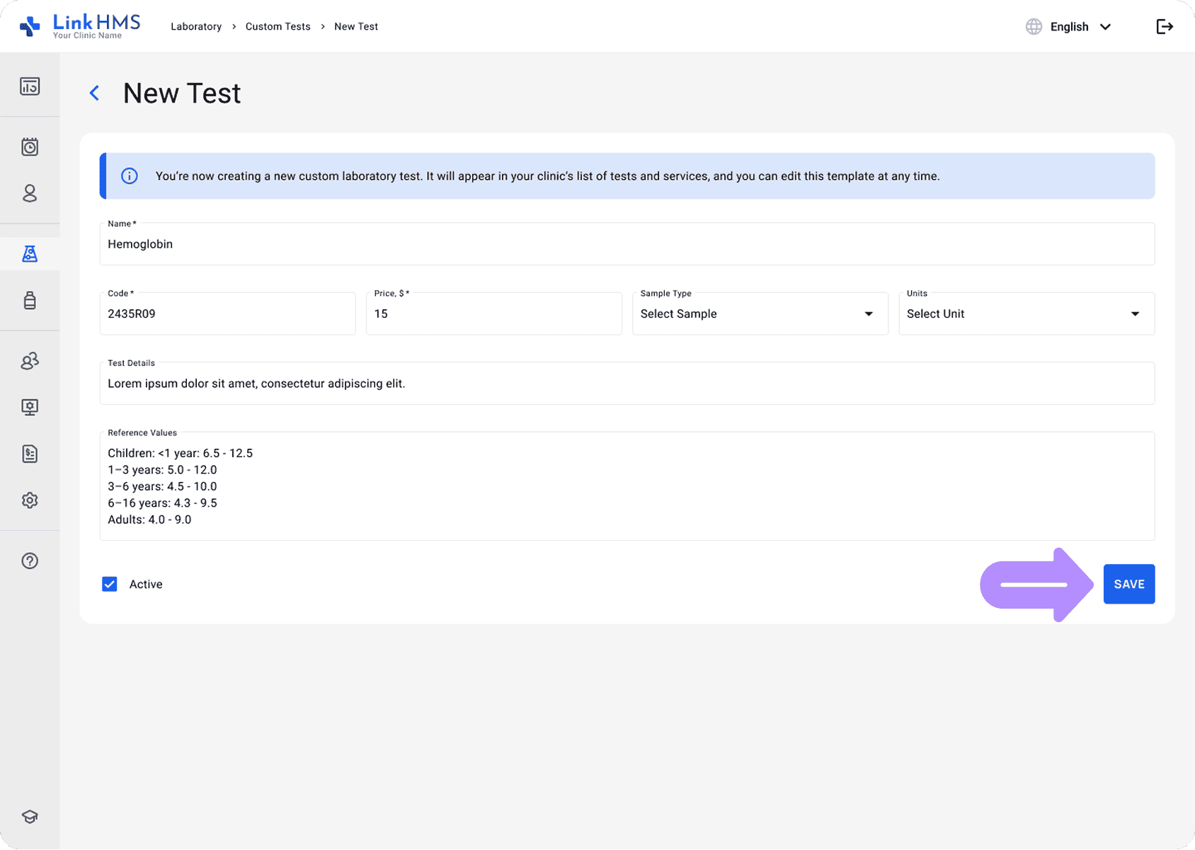LinkHMS save the new test template