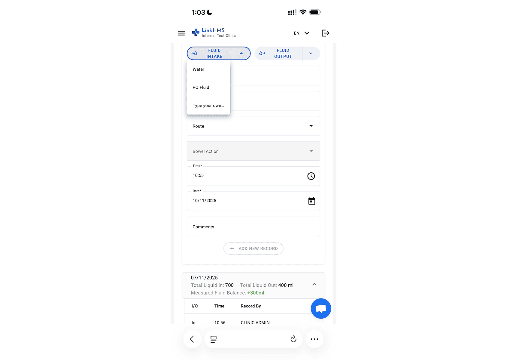 LinkHMS fluids chart mobile