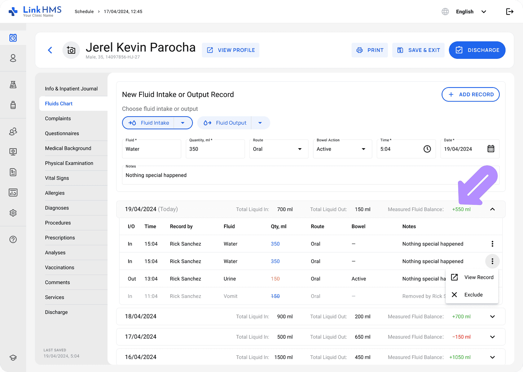 LinkHMS measured fluid balance