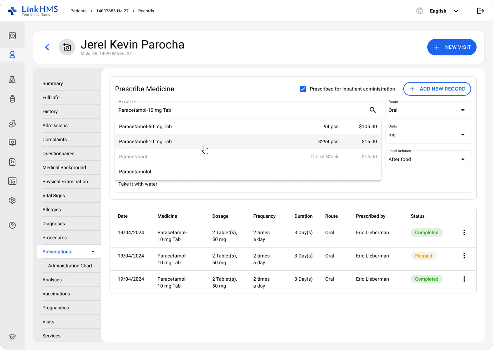 LinkHMS prescribed for inpatient admission