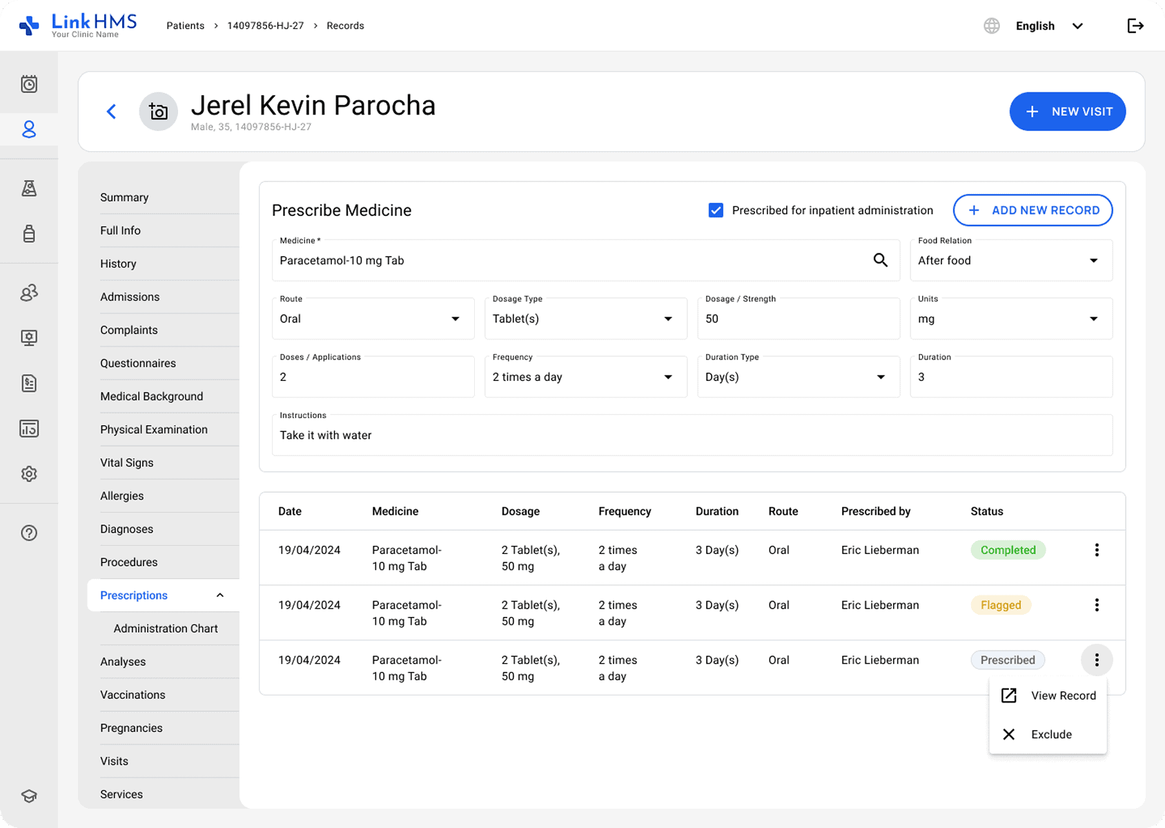 LinkHMS prescription tab