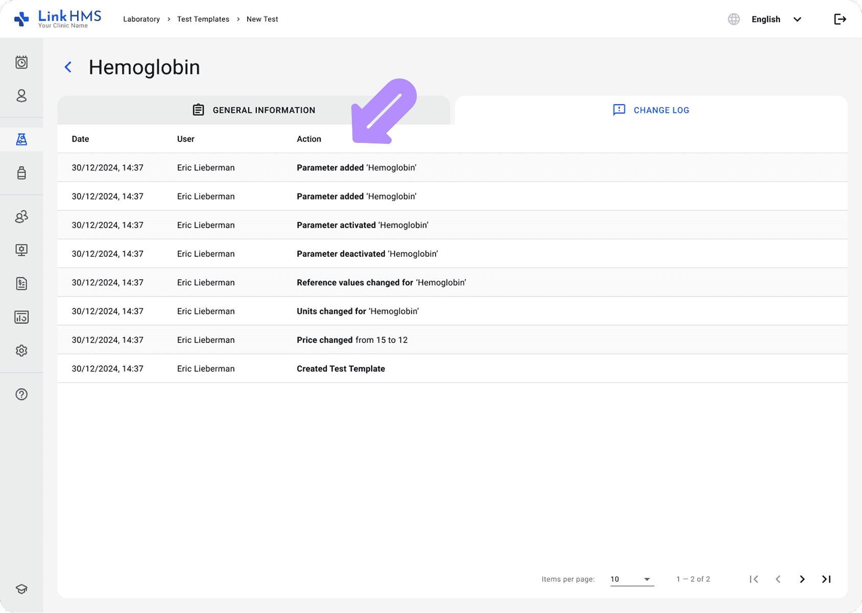 LinkHMS lab test change log
