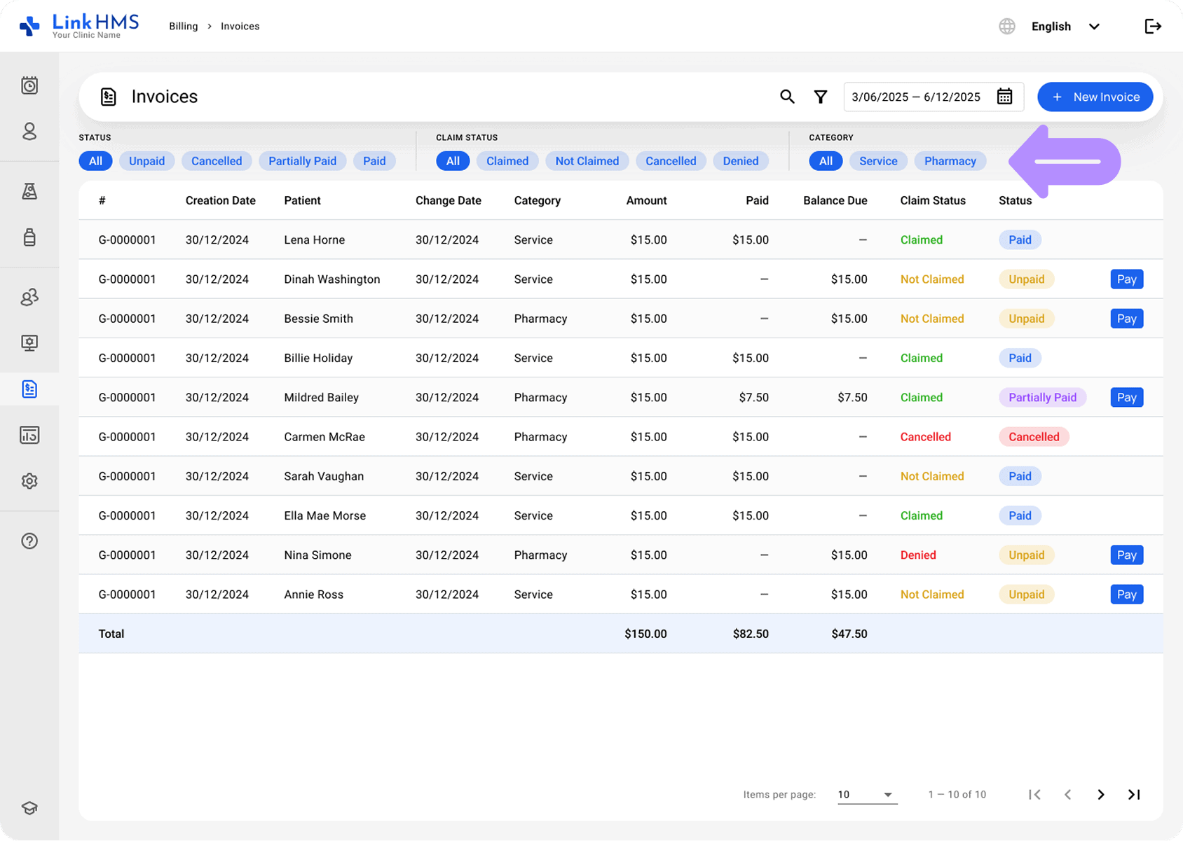 LinkHMS invoice categories
