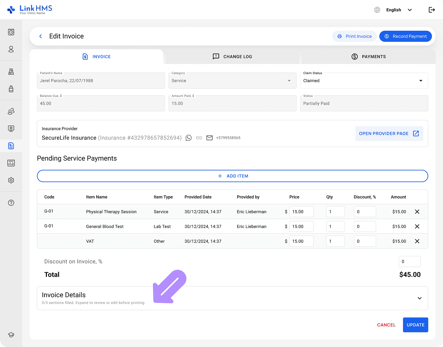 LinkHMS invoice details