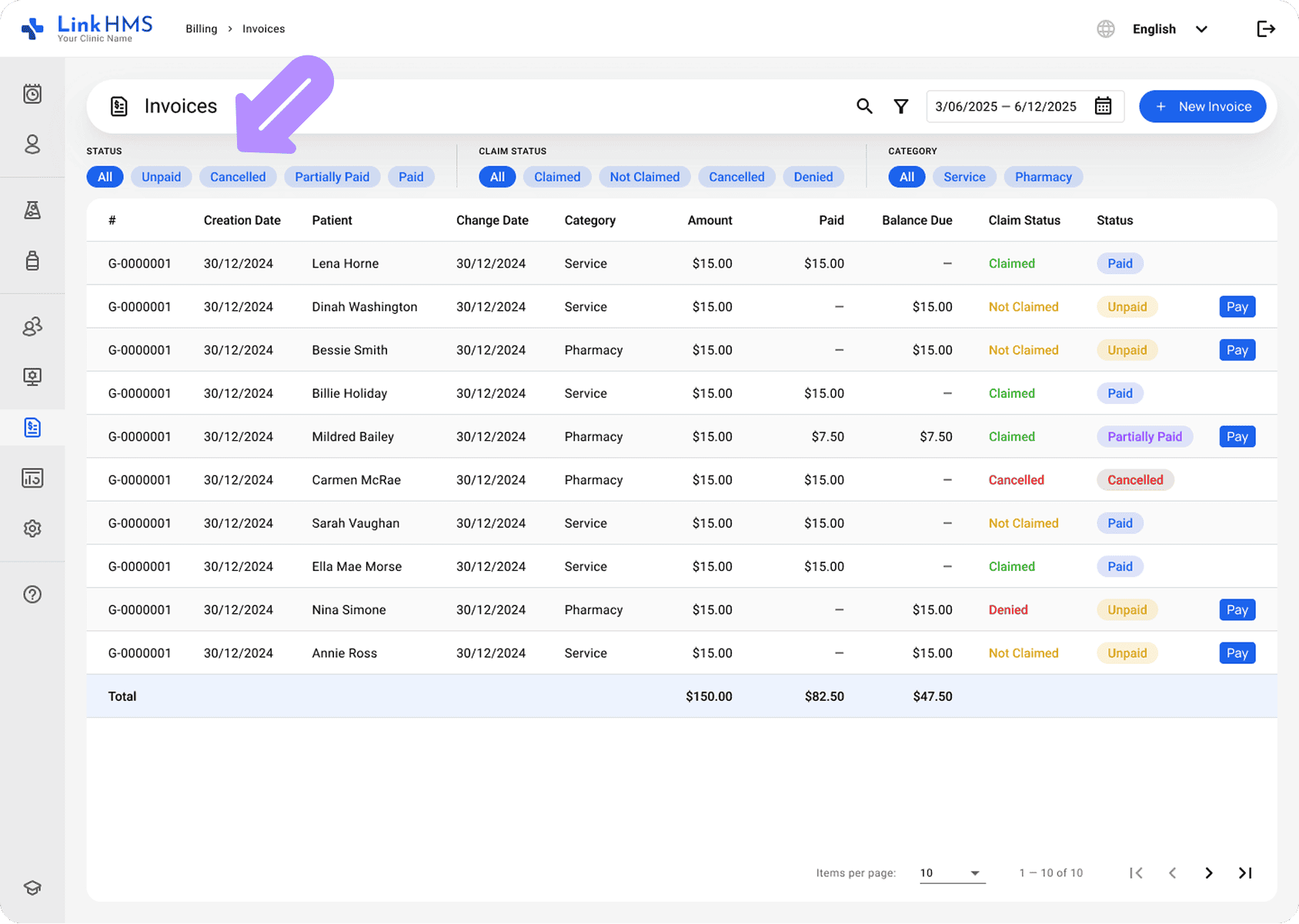 LinkHMS - invoice filters