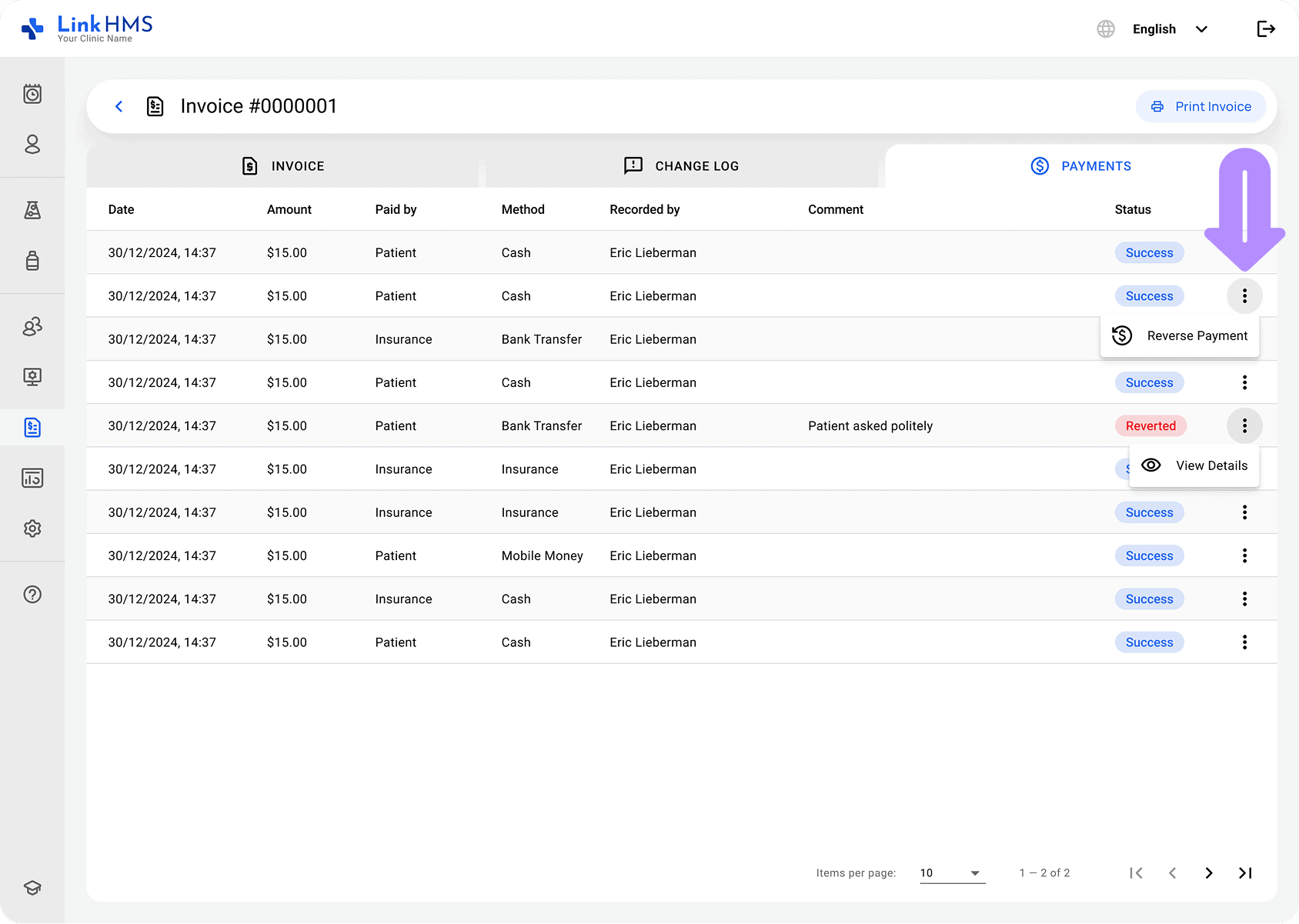 LinkHMS new payment section